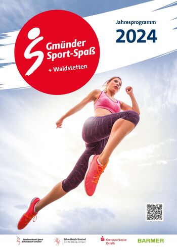 Titelblatt des Jahresprogramms "Gmünder Sport-Spaß" 2024. Es ist eine springende Frau zu sehen.