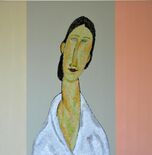 Gemaltes Portrait von Hanka Zborowski auf einer Leinwand in einer weißen Bluse und lächelndem Gesicht