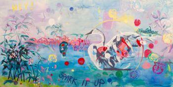 Charlotte Eschenlohr / Maureen Jeram, Swanlake, 2023, Mixed media auf Leinwand, 200 × 400 cm. © Künstlerinnen, Foto: Florian Hubalek.
