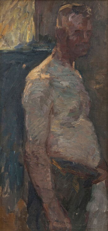 Hermann Pleuer, Bahnarbeiter, wohl 1908, Öl auf Leinwand auf Karton, 61 x 30 cm. © Sammlungen Museum im Prediger.