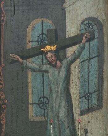 Schwäbisch Gmünd, Votivbild "EX Voto" - Die Legende von der Hl. Kümmernis und dem Geiger (Kümmernisbild), 1648, Öl auf Holz, H 24,0 cm; B 16,8 cm (Ausschnitt). © Museum im Prediger.