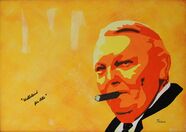 Gemaltes Portrait von Ludwig Erhard in gelb-roten Farbtönen mit Zigarre im Mund und dem Schriftzug "Wohlstand für alle"