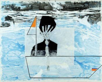 Regina Baumhauer, Open Letter, Little Miss Liberty Crossing the Delaware #1, 2014, Acryl, Graphit, Fadenheftung auf Leinwand, 120 x 152 cm.