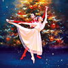 Ein Paar beim Ballet tanzen vor einem Weihnachtsbaum.