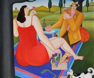 Maria Kloss, Picknick mit Wein, 2008, Öl auf Leinwand, 80 x 80 cm