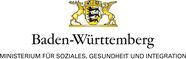 Logo des Ministeriums für Soziales, Gesundheit und Integration Baden-Württemberg. Oberhalb im Bild ist das Landeswappen Baden-Württembergs zu sehen. Links der Hirsch, rechts der Greif. Beide halten das kleine Landeswappen mit drei schwarzen Löwen.