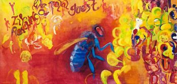Charlotte Eschenlohr / Maureen Jeram, Hedonistic Honey Bee, 2023, Mixed Media auf Leinwand, 200 × 400 cm. © Künstlerinnen,  Foto: Florian Hubalek.