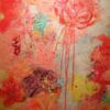 Zu sehen ist eine Leinwand mit überwiegend roter Farbe. Es sind kleine Blumen und oben rechts eine Rose angedeutet, deren Farbe über das Bild verläuft.